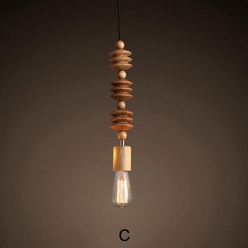 Modern Solid Wood Bead Chain Hanging Pendant Lights