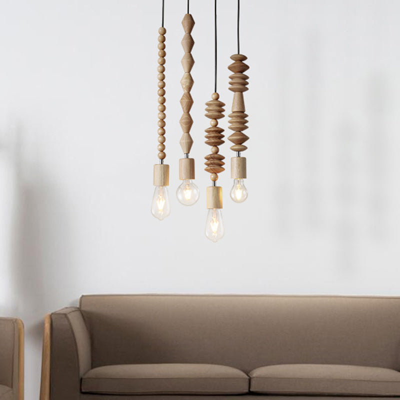 Modern Solid Wood Bead Chain Hanging Pendant Lights