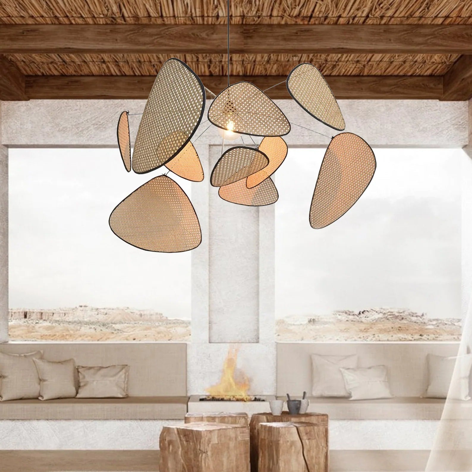 Retro Rattan Chandelier Handmade Pendant Lampshade